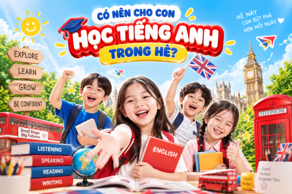 Poster có nên cho con học tiếng Anh trong hè với hình ảnh trẻ em học tiếng Anh
